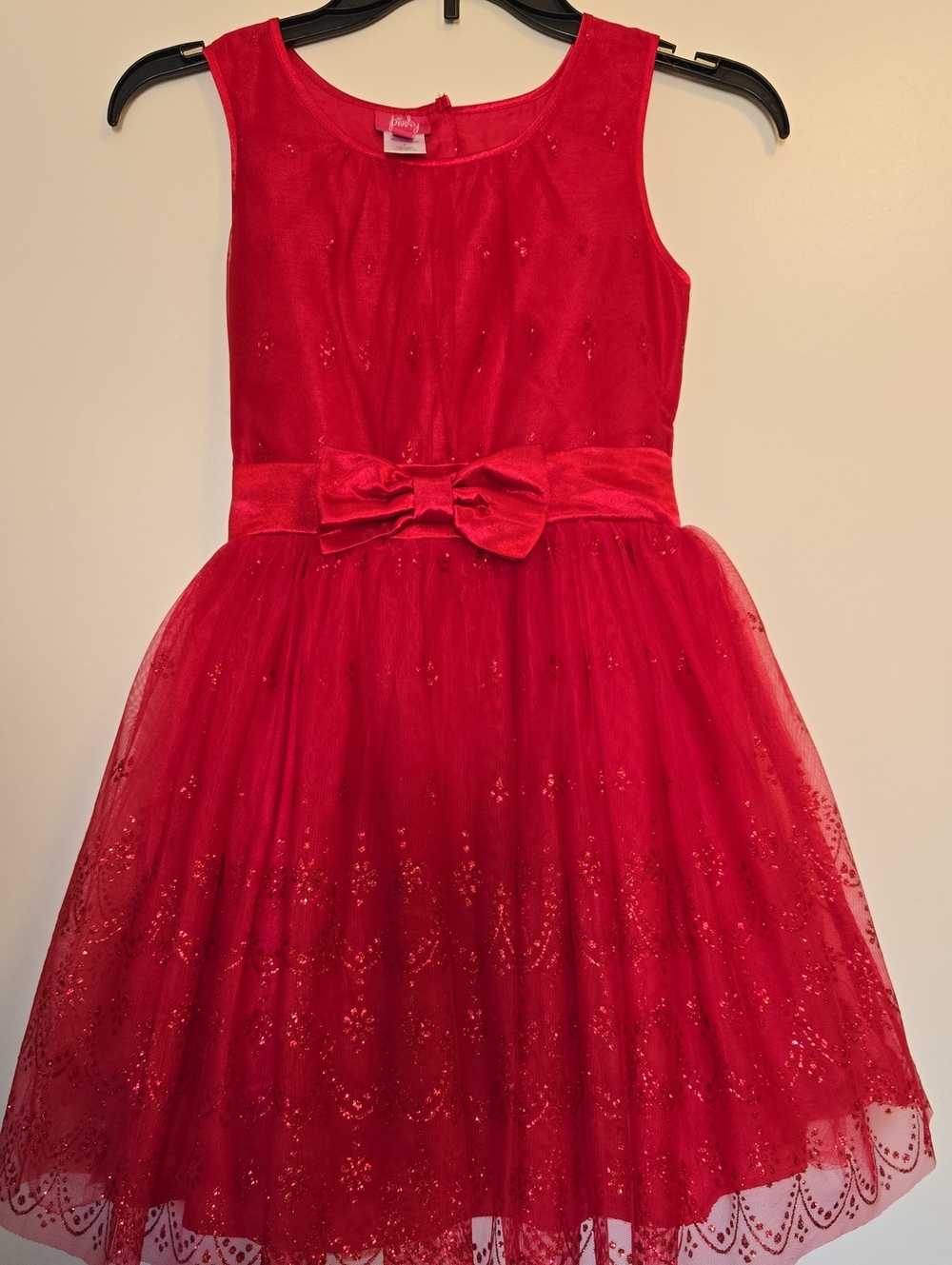 Pinky Red Sparkle Tulle Party Dress with Velvet Bow